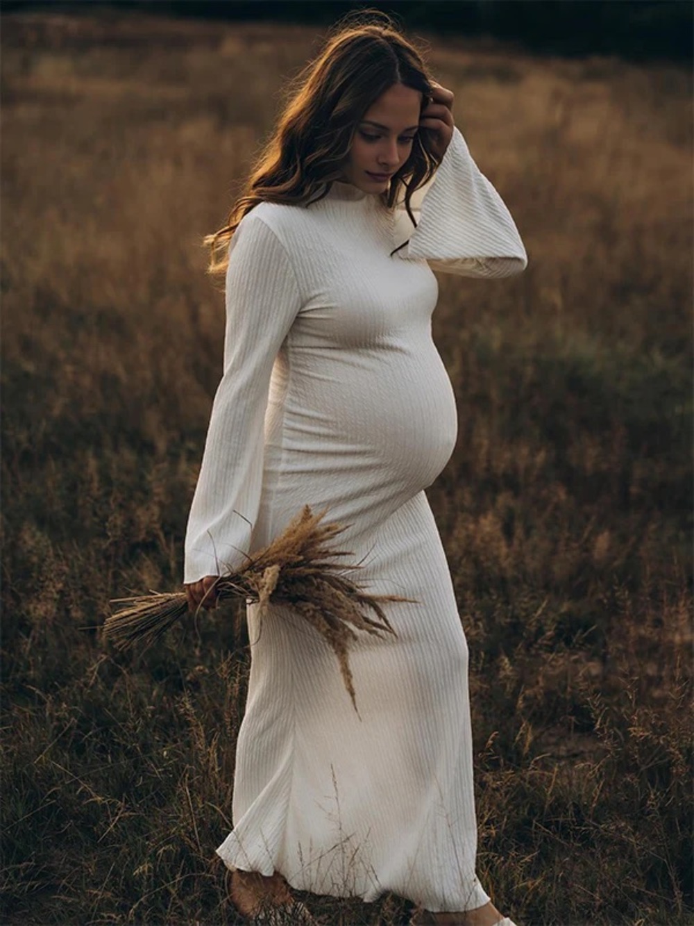 Cream Ribbed Maternity Maxi Dress with Bell Sleeves